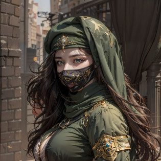 Arab masked female officer?The upper part of the body?1.2 1girl?tmasterpiece?best qualityer?ultra�-�detailed?illustratio?Fine eyes and detailed face??Wide buttock?gigantic cleavage breasts?Cleavage is seductive?maternal?looking at viewert?curvy build?Raised sexy?full bodyesbian??a matural female?A MILF?1.1??????curves?1.1??big assa?thick thight?A MILF??Special Forces black officer uniform???Gold accents in clothing??Brown belt?With gold buckle? ?Medal on the chest???Military rank symbol on the arm???Army cap with gold symbols??Arabic hijab?Arabic faces are masked?black beret??Strike seductive poses on the balcony??warmly lit?masked?looking at viewert??Take a photo???Traditional Arab city background??photograph of-realistic
