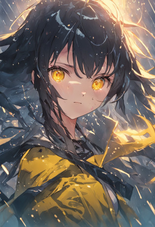 captain?yellow  eyes?Dark hair?Cool woman?Hands on the head?Squinting at the rain spray?