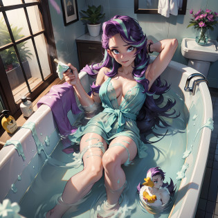 Starlight Glimmer, Starlight Glimmer from My Little Pony, Starlight Glimmer as a girl, long hair, Luxurious hair, Lush hair, lying in the bathroom, big breasts, Bulky breasts, Lush breasts, naked, legs apart, lots of soap foam, bathroom, rubber duck, washcloth, soap, wet hair, waist-deep in water, soap foam everywhere, steam, bathing