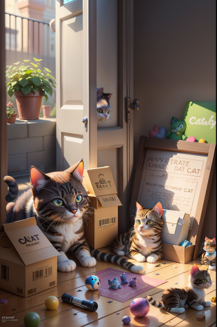 Super detailed, very detailed, masterpiece, highest quality, best quality, subsurface scattering, (1cat:1.5), (solo:1.4), (cat plush: 1.1), (45 degree side view: 1.2), fluffy, fluffy paws, a pair of cat ears, blue cat's eyes, cardboard box full of toys, a teddy bear outside the box, some toys scattered on the ground, game art, Disney, DreamWorks, animated films, realism, real light and shadow, rich colors, bright and light atmosphere,