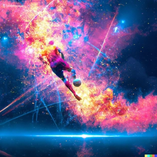 an cyberpunk landscape of a soccer player shooting a soccer ball at a goal, depicted as an explosion of a nebula
