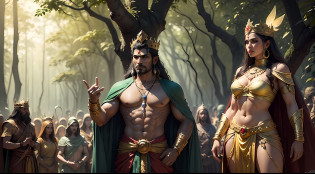Shiva the indian god , 8k ultra realistic ,a king in the jungle with his army , king in the forest with many army and fairy the are many fary in a jungle with king , and king army , there are may fairy , there are many beautiful womans with king , there are crowd of beautiful womens