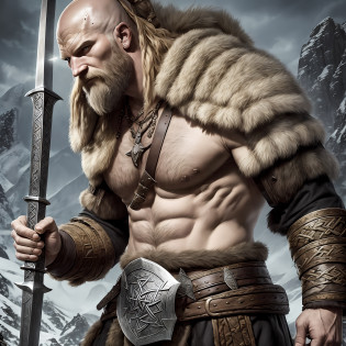 a bald person with a sword, fur coat, have axe in hand, barbarian warrior, barbarian, viking, norse warrior, epic fantasy character art, barbarian class, epic viking king, scandinavian / norse influenced, viking berserker, viking warrior, male barbarian, viking and templar aesthetics, ancient viking warrior, viking god, viking king, a fantasy warrior --auto --s2