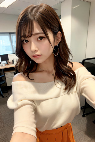 (masterpiece:1.3), high resolution, ultra detailed, extremely detailed CG unity 8k wallpaper, realistic, photo-realistic, RAW photo, beautiful detailed face, pale skin, realistic glistening skin, detailed cloth texture, detailed hair texture, Perfect body, Beautiful Face, accurate, Anatomically correct, Highly detailed face and skin texture, natural neck length, (beautiful hands), (fair skin:1.2), Thin legs, Thin feet, 
BREAK, 
Detailed eyes, symmetric eyes, Light Brown eyes, Double eyelids, Thin eyebrows, (Glossy lips:1.4), ((Waiting for a kiss:1.2)), (blush:1.1),
BREAK, 
(A Classy and Cute girl:1.3), (Wearing a classy off-shoulder White blouse), (Orange flare skirt:1.2), 
medium breasts, (slender figure:1.1), firm abs, beautiful clavicle, 
(Dark blonde hair, wavy hair, long hair:1.3), ((asymmetrical bangs:1.2)), (Upper body shot:1.2), looking at viewer, (from above:0.65),
BREAK, 
((Standing close to me and reaching out forward:1.3)), (She said I'll be waiting in front of the station at 10oclock), 
(at the private working space), ((In the modern office of Japan)),