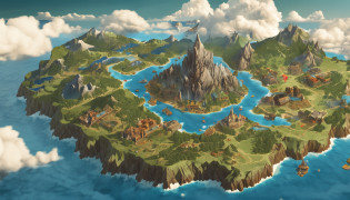 The continent is divided into 5?island country?neighborhood?intensive?game map, Hyrule, Ancient Fantasy Regional Map, Highly detailed map,Detailed Map, Height Map?world map?Isekai Map?Map of the Kingdom?Otherworldly Adventure?mountains and rivers?K HD?meticulous?Ground View?Spread up?Pixel art