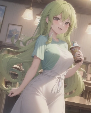 A happy beautiful long wavy haired girl with a casual light green shirt ordering in a restaurant. The painting is anime, professionally color graded, 8k HDR, vivid, bright, anime faces, hyper resolution, depth of field, and created by Artgerm, Greg Rutowski, and Alphonse Mucha with volumetric lighting. The painting has very bright colors and uses anime faces.