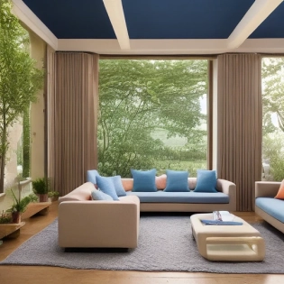 High resolution photography exterior design, dreamy sunken living room conversation pit, wooden floor, small windows opening onto the garden, bauhaus furniture and decoration, high ceiling, beige blue salmon pastel palette, interior design magazine, cozy atmosphere; 8k, intricate detail, photorealistic, realistic light, wide angle, kinkfolk photography, A+D architecture