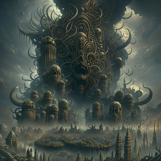 This horror art illustration features a hyper-detailed, mythical landscape viewed from a wide angle top-down perspective. The scene depicts a chaotic urban city surrounded by thorns and a polluted river leading to a morbid waterfall. The sky is filled with polluted madness, adding to the eerie and haunting atmosphere of the piece. The artwork was created through a collaboration between artists H.R. Giger, Dan Seagrave, and Derek Riggs, showcasing their combined skill in the production of surrealistic and horror elements. The intricate details throughout the artwork make it a hyper-detailed and haunting portrayal of a polluted and dystopian world.