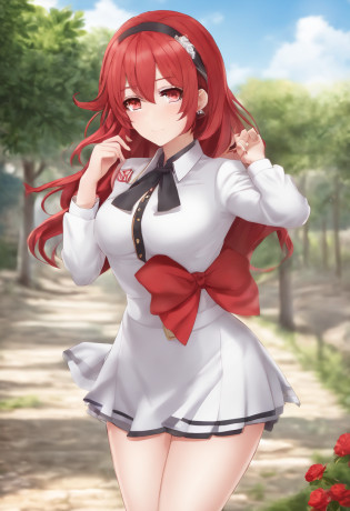 Chica de anime con cabello rojo y una blusa blanca posando, rias gremory, seductora chica de anime, con cabello rojo rizado, Traje de Asuka debajo de la ropa!, Diosa pelirroja, Render de abril, fullbody commission for, Marin Kitagawa Fanart, commission for high resolution, Anime Moe Artstyle, Full body anime illustration, totalmente coloreado, oc commission, small curvy loli