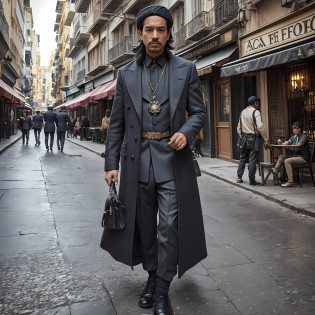 photograph, the FOOL ARCANE TAROT SYMBOLS ::5, man, ethnic ::2, unknown age ::2, a variable wearing Beatnik fashion vibes accessories, city street people background scene, full body, long distance shot, coloured hair, epic detailed photograph shot, refined facial details, soft hdr, Leica 50mm, Kodak portra 800, Fujifilm X-T5, cinematic hbo dark moody, documentary photographer, dramatic light, refined clothes accessories details ::5, looking away, film grain, ultra photoreal, ultra detailed, elegant, fantasy, chaos, refined facial details, open shot, deep shot pose, fashion editorial, building v 5 --ar 9:5 --q 5 --auto --s2