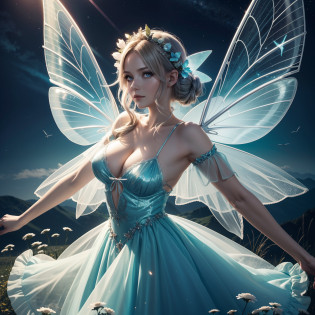 Eine Frau 28 Jahre, sie ist eine Fee, it has bright translucent fairy wings, sie fliegt, sie fliegt durch den Himmel, fee ist eine erwachsene Frau, (frontal), sieht betrachter an,