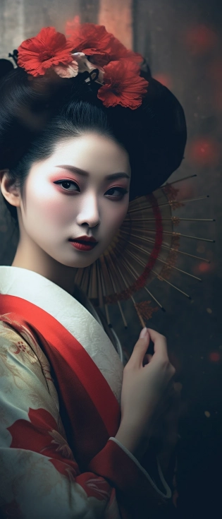 japanesian geisha beautiful image wallpaper, in the style of joel robison, light white and dark crimson, samyang af 14mm f/2. 8 rf, classical figurative realism, 500�1000 ce, sculpted, anime-influenced --ar 9:21 --quality 2 --s 750 --v 5. 1