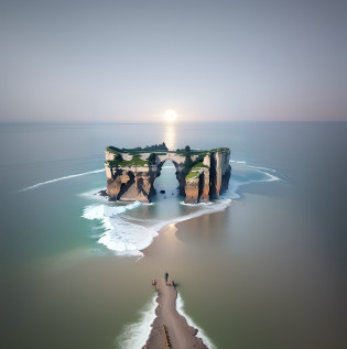 Large rock formations in the middle of the ocean?There is a bridge, A mystical environment, drone photography, Incredibly beautiful, Fantasy setting, an amazing landscape image, breathtaking shot, 4k drone photography, the most beautiful landscape, Amazing landscape, Beautiful place, breathtaking landscape, Breathtaking landscapes, by Raymond Han, Huge arches, absolutely outstanding image, shot from drone, epic and stunning