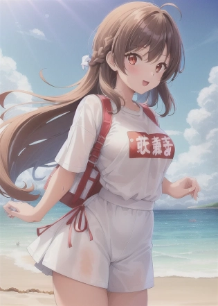 1girl, perfect anime illustration, happy, very closeup painting, knotted braid, best brown girl hair, pretty woman as a lifeguard, white lifeguard tower, beach, summer, outdoors, bright sun, white shorts, red plain t-shirt, ocean, sand, lifeguard, paradise, cute, casual outfit, aesthetic. (best quality:1. 2), animated lighting, octane render, bright mood, walking alone, fashion, anime, masterpiece, trending, detailed fanart, anime faces, dynamic pose