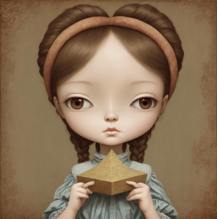 Painting of a girl with a gift in her hand, Surrealismo pop lowbrow, Surrealismo pop Lowbrow Art Style, Surrealismo pop, benjamin lacombe, japanese pop surrealism, Estilo de Mark Ryden, cortando el aire. Surrealismo pop, por Mei Qing, Yoshitomo Nara, Mark Ryden en el estilo de, Inspirado en Nicoletta Ceccoli, Eva Elfie