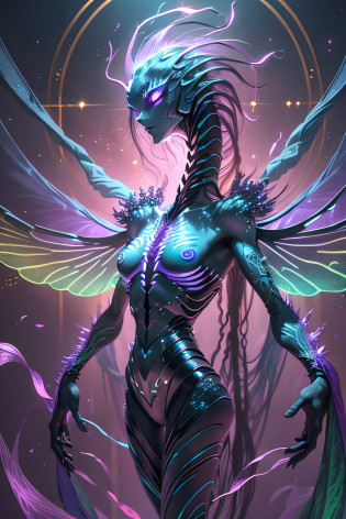 Generate a 7-foot tall humanoid creature, with iridescent skin, three violet eyes - two on the palms of its hands, hair made of luminescent spines, long slender limbs with six webbed digits each, gill-like slits on its neck, and large, translucent, dragonfly-like wings sprouting from its back