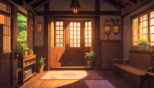 inside rustic dark wood brown home with the front door on the left taken from the prospective of being in a living room with the front entrance on the right, slightly run down, good detail, sunset time of day