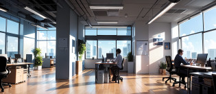 A lot of people are in the office?A lot of people are working?Computer, Sky outside the window?In the daytime?and the sun was shining brightly?In the office, artstation hq, working in an office, At the office, office backdrop, in a open-space working space, in front of a computer, in a office,