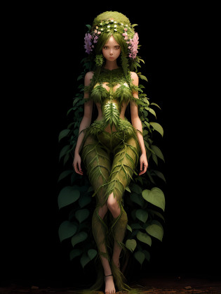Plant woman, with hair from plant roots, and her body formed by tree roots, whole body image, plant woman, woman with plant body --auto