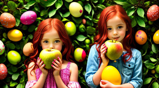 girl CHILD RED HAIR OF STRUTS, HOLDING TWO GREEN APPLES IN FRONT OF HER FACE, HOLDING AN APPLE, EATING ROTTEN FRUIT, A HOLDING APPLE IN HAND, GREEN APPLES, HOLDING MARACAS, WITH APPLE, SLIME, APPLES, SHE IS GUIDING A PEACH, SENTIENT FRUIT, GREEN SLIME, HOLDING EASTER EGGS, PROMO STILL, 3 4 5 3 1, photoshoot