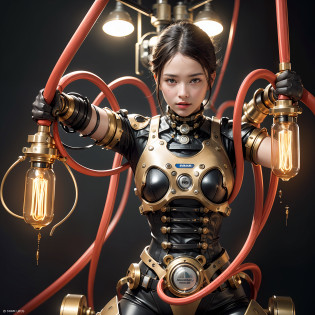 High degree of craftsmanship and quality assurance, masterpieces in the hands of top masters, extremely detailed and clear image resolution, rendered with camera-like realism, inspired by real photographs ( a mechanical girl), highly realistic details, as commemorative images, panoramic lighting effects, fine and accurate shadow representation, using advanced octane rendering technology, up to 8K resolution, extremely sharp and clear lines and details, spectacular and grand narrative, showing vivid skin details, performance of metallic materials, Fine and intricate decorative details, Steampunk style details, Depiction of details such as vacuum tubes, liquid tubes, oil pressure gauges, glass tubes, analog instruments, etc., Highlighting the details and movements of gears, Performance of gold hydraulic cylinders, Highly complex and detailed depiction, Realistic lighting effects, Following current trends in CG technology, Eyes glowing, Facing the gaze of the audience, Detailed depiction of neon details, Depiction of mechanized body parts, Depiction of blood vessels connected to catheters, Depiction of mechanized spine attached to the back, depicting a mechanical attachment attached to the neck, Presenting a sitting position, depicting wires and cables connected to the head,