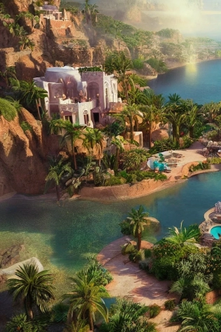 Moroccan Villa surrounded by water and nature, village, volumetric lighting, photorealistic, insanely detailed and intricate, Fantasy, epic cinematic shot, trending on ArtStation, mountains, 8k ultra hd, magical, mystical, matte painting, bright sunny day, flowers, massive cliffs, Sweeper3D