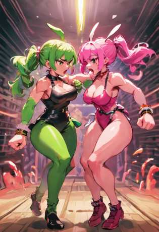 Pink rabbit girl and green hair girl,(Fighting stance,Face punch),Face to face,angry,Facing each other?Street Fighter 2?Cross Counter Rocky 2?Glaring at each other?Infight