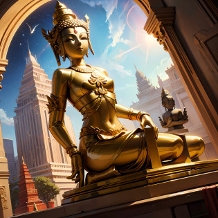 there is a statue of a golden Snake on top of a building, a Buddhist Buddha, taken with sony alpha 9, taken with sony a7r camera, a statue, Photo taken with Sony A7R, Buddha, Photo taken with Sony a7R camera, taken with sigma 2 0 mm f 1. 4, Beautiful image, thai temple, statue, dark milky way at the background, stunn, surrealism, Cinematic lighting, god light, Backlighting, Textured skin, Super detail
