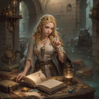 Numerous award-winning masterpieces, with incredible detail, textures and maximum detail, Woman in long dress, fantasy role playing game book illustration, fantasy book illustration, role playing game book portrait, role playing game art, fantasy genre portrait, by Cynthia Sheppard, tyler edlin fantasy art, realistic fantasy illustration, mohrbacher, magali villeneuve', art book artwork, peter mohrbacher c 2 0, by Jason Chan, Portrait of a female wizard, Female occultist, Female clergy, Portrait of a female necromancer, Portrait of a female magician, Female magician, (Night View), Female necromancer, Female wizard, Medieval woman, Female sorceress, Gentle eyes, (She has a mischievous smile on her face), Friendly and girlish face, Glass earrings on the ears, She holds an old leather-bound book of magic in her hand, ((((Full-length portrait)))), ((((full-body standing image)))), ((((gives full-body standing image)))), (Around her neck is a simple necklace of exquisite workmanship), She holds an old leather-bound book of magic in her right hand, She has a small hanging lantern in her left hand, ((blond hair parted and down in two braids)), (((Sober modest cloth dress with elegant embellishments))), reddish brown braided sandals, (((Cloth dress))), ((She drapes a worn out cloak over her shoulders)), ((looks up)), ((looking down)), (Alchemist's room), (Alchemist's workshop), (Alchemist's laboratory), (Ruins of an old castle), (Ruins of an ancient castle), (Deserted ruins), (crumbling ruins), (Ruins with clear puddles), (Ruins with clear ponds), (Ruins with clear calm water), (Old ruins with clear water), (twilight), (sunset), (dusk), (wavelets),(ripple on water),(running water)