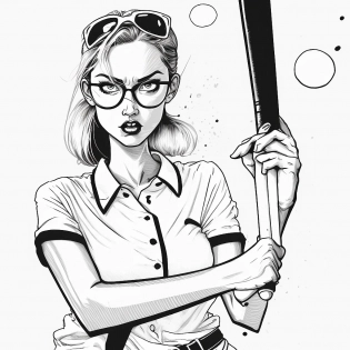 In the style of Tim Sale, Cool girl with glasses, pleated skirt, white dress shirt with rolled up sleves, holding a baseball bat with nails in it, inked outline, comic book drawing, illustration --v 4
