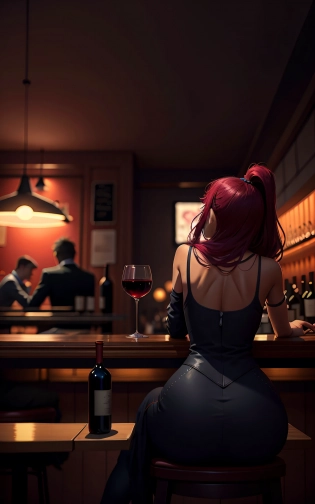 The picture of a woman sitting at the bar with her back to the viewer with a glass of wine is artistic. alena aenami drinking wine, Pascal Campion sitting alone in a bar, red wine, nostalgic melancholic artwork, digital art elegant, enjoying a glass of wine, art alena aenami