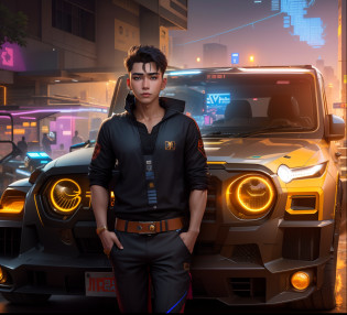 Smart cyberpunk handsome boy stand in front of thar ,tiger stand in side the boy,