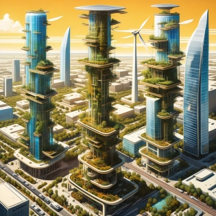 Immerse yourself in a solarpunk cityscape envisioned by Robert Emerson Clampett, where towering vertical gardens thrive. The golden sunlight filters through solar panels, casting a warm glow on the ecologically sustainable city. Detailed wind turbines dot the landscape, capturing the energy of the wind, while flying taxis and drones glide through the sky, adding a sense of dynamism. Electric cars smoothly navigate the city highway, seamlessly interacting with driverless vehicles. The city's futuristic background showcases the integration of Maglev trains and Hyperloop, symbolizing efficient transportation systems. As a smart city, the seamless connectivity and sustainable practices are seamlessly integrated. Shot with a Nikon D850 camera and an f1. 6 lens, the hyper-realistic image captures the richness of colors, lifelike textures, and dramatic lighting, bringing this solarpunk utopia to life. The Cinestill 800 film stock photograph adds depth and vibrancy, making the scene truly captivating.