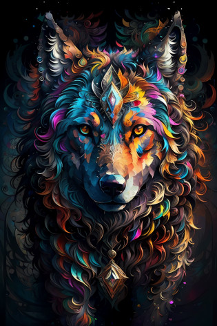 dans le style de 0mib, loup inspirant, serious expression, Fragments prismatiques, Cercles fractaux, Des couleurs fracassantes, reflections, tourbillon, dramatic lighting, High quality, beau, Masterpiece