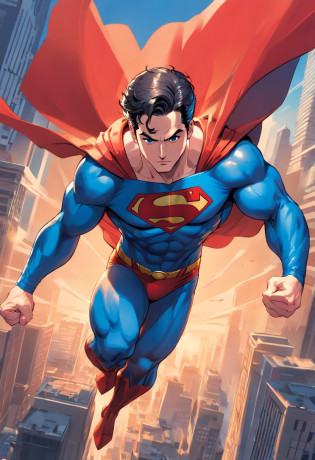 one muscle, Powerful Superman in a dynamic flying pose, with a confident and determined expression on his face. His iconic red and blue superhero costume is highly detailed, mostrando as texturas e contornos do tecido. As cores vibrantes do traje, including the bright red cloak that flows behind him, Crie um impacto visual impressionante. The symbol of the House of Him, the iconic Superman emblem, is prominently displayed on his chest.

The work has a medium of comic book illustration, capturing the essence of the beloved DC Comics character. The lines and shading are crisp and clean, giving the image a dynamic and energetic feel. It combines elements of traditional hand-drawn artworks with digital coloring techniques, resulting in a visually stunning piece.

Enquanto Superman assume o centro do palco, the background features the iconic skyline of Metropolis with its towering skyscrapers, todos banhados pela luz quente do sol. The buildings are highly detailed, featuring a blend of contemporary architecture and the classic art deco style that is synonymous with the world of Superman.

The lighting in the artwork is dramatic, with sunlight casting strong shadows on Superman's muscular physique, emphasizing their strength and power. Using highlights and shadows adds depth and dimension to the image, Bringing it to life.

The color palette of the work is rich and vibrant, with bold primary colors dominating the scene. O vermelho e o azul do traje do Superman se destacam contra os tons quentes da paisagem urbana, criando um contraste visualmente cativante.

Geral, This work is of the best quality, with ultra-detailed, realistic rendering. Every muscle and line in Superman's body is meticulously portrayed, highlighting his physical prowess and superhero status. Attention to detail creates a sense of realism, fazendo com que o espectador se sinta como se estivesse testemunhando o voo do Superman pessoalmente.

This prompt is suitable for