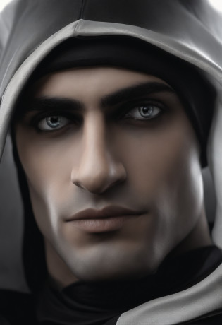 Man 1m80 face smooth and realistic, avec une capuche noir, Completely black eyes, ont ne vois pas de dents, A serious air