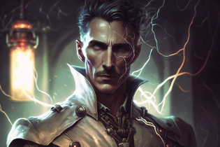 <https://s. mj. run/-KbLDxisZTw> nicola Tesla in electric robot armor without a helmet, cyberpunk style, a laboratory room with mystical Nikola Tesla, photorealistic, without a helmet, details of tesla's face, electric flashes, cinematic lighting Intricate details, post-apocalyptic futuristic, wide angle, forged armor , futuristic weapon electricity, energy rifle, cinematic, hdr, 8k, --ar 3:2