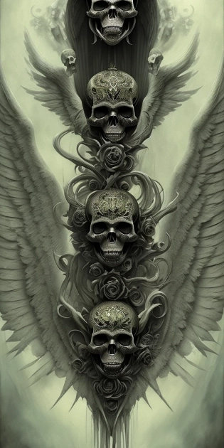 beautiful angel with skull mask, cinematic pose, symmetry, ink dropped in water by Tom Bagshaw and Seb McKinnon, rococo details, post processing, painterly, book illustration watercolor granular splatter dripping paper texture, ink outlines, arcane style