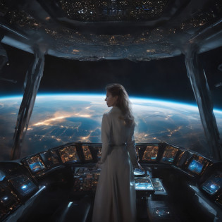 (((Epic Landscapes)))?field, Distant stars in the dark sky, Huge platform in the foreground, High-tech spacecraft, Fantastically beautiful girl, Beyond Sky Fi, Nice young face, Perhaps develop hair, Beautiful figure, Many details, Lightning. fastener, Device fasteners, wires. Correct anatomy, correct facial features, BodyProportions, big expressive eyes. Love for the whole universe. A masterpiece that is not an earthly creation, Elements of cyberpunk, Robot Combat, turret , Technology. Extraterrestrial civilizations. Love at first sight.