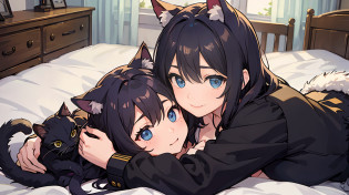 2 girls? {{masterece-piece}}, {{{best qualiy}}}, {{Ultra Verbose}}, , Short Hair,Purple eyes,navy hair?military outfit?Lie down and hug each other?{{masterece-piece}}, short wavy hair, Black Hair, black cat ear, Blue eyes?military outfit?Lie down and hug each other?Background on bed