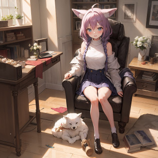 ((masterpiece,best quality,detailed)), 4k,8k,higres, 2girl, elaina, majo no tabitabi, Gray-purple hair, ahoge, Long hair, Twist braids, blue eyed, chemise, sweater,Wolf ears,Fluffy wolf tail?towns, buildings, casa,fresh flowers?butterflies?Sun'rays?The sun is mottled?