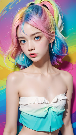 ?Pink fashion T-shirt?1.9???Colorful hair?1.8???Rainbow all colors?1.8??????Vertical painting?1.6)????painting of a?1.6??frontage?comic strip,illustration,painting of a,largeeyes,crystal-clear,?rainbow color gradient high ponytail?1.7?,Delicatemakeup,Keep one's mouth shut,(Small Fresh:1.5),(Bandeau:1.6),long eyelasher,White shoulder T- shirt, White Shoulder Shirt?looking at viewert?watery big eyes?(rainbow colour hair?1.6), color splash, ?solo?1.8?, color splash, color explosion, colour splash, color explosion, Thick lacquer style?Messy lines?((shining)) ?(colorful), (colorful), (colorful), colorful, Thick Paint Style, (Splash) (Color Splash), Vertical Painting, Upper Body, Paint Splash, Acrylic Pigment, Gradient, Paint, Highest Image Quality, Highest image quality, Masterpiece, Solo, Depth of Field, Face Paint, colorful clothes, (ellegance: 1.2), opulent, long whitr hair, ventania, (ellegance: 1.3), (petals: 1.4)?(((masterpiece))),(((Best quality at best))),((ultra�-�detailed)),(illustratio),(dynamic�angle),((floatking)),(Paintwork),((Loose hair)),(solo),(1girl) , (( (Detailed anima face))),((Beautiful detailed face)),collars,exposed bare shoulders,whaite hair,((The color hair)),((Striped hair)),Beautiful detailed eyes,No cleavage?(Gradient color eyes),(( ?Colored eyes???????coloured background???????high saturated???????Surrounded by colorful splashes????