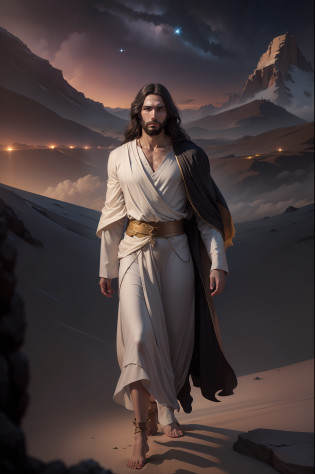 Jesus With a serious and determined expression , arte conceitual de Jesus Cristo, personagem de corpo inteiro, arte conceitual do personagem, Jesus Cristo vestindo roupas celestiais brancas com pedras de safira, Deus vestindo traje espacial branco com pedras de safira e capa branca longa, Jesus Cristo como rei d universo, cosmos refletindo em sua coroa, Jesus como Deus, Jesus walking in a cosmic glass palace over the cosmos