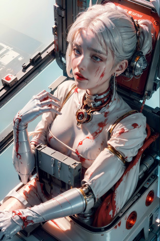 (masterpiece, top quality, best quality, official art, beautiful and aesthetic:1.2), (1girl:1.3), extreme detailed,colorful,highest detailed ((ultra-detailed)), (highly detailed CG illustration), ((an extremely delicate and beautiful)),cinematic light,((((1mechanical girl in container)))),white hair,red eyes,ayanami rei,solo,full body,(blood from mouth:1.5),(machine made joints:1.2),((machanical limbs)),(blood vessels connected to tubes),(mechanical vertebra attaching to back),((mechanical cervial attaching to neck)),expressionless,looking at viewer,from faucet,(wires and cables attaching to neck:1.2),(wires and cables on head:1.2)(character focus),science fiction,(blood:1.5),(stasis pod:1.5),(in container:0.6),