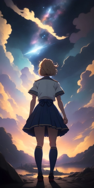 (masterpiece), (anime style), award winning, movie poster, ultra-wide shot, centered, Instagram able, 1 girl, back view, sailor uniform, medium bob hair, village, Meteoric shower, dynamic lighting, depth of field, ultra detailed, (epic composition, epic proportion), 2D illustration, panoramic, professional work, Makoto Shinkai, Kimi no Nawa inspired.