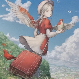 logo for travel website - red bird with white wings holding a travel bag | blue sky with white clouds | intricate artwork by Beatrix Potter | cottage core aesthetic | 8K | highly detailed | 45 angle |