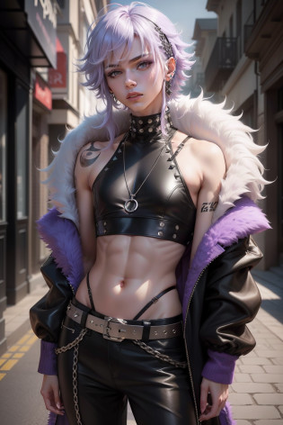 arafed non - binary model male, androgynous, androgynous femboy, beautiful androgynous femboy, androgyny, androgynous person, delicate androgynous prince, non binary model, beautiful androgynous prince, zac retz, lil peep, zero g pretty anime male with lilac hair and grey eyes, big fluffy hair, wolfcut hair, fluffy hair with thick bangs over eyes, deep navel, wearing black designer coat with studs, crop top and black pants with belt, fashionable, uzzlang male, techwear,  purple and yellow accents, y2k, fashionable, uzzlang male