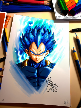 a closeup of a drawing of a blue haired goku, high quality colored sketch, vegeta, with vegeta head hair, super saiyan blue, an anime drawing, portrait of Vegeta, high quality fanart, inspired by Toriyama Sekien, dragonball character, Vegeta of dragon ball, anime drawing, highly detailed portrait of Vegeta, colorful drawing,  Prince Vegeta.