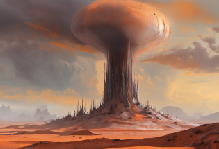 um deserto de areias brancas, com uma grande torre demoniaca ao fundo e um grande buraco negro a cima dessa torre, sci-fi horror, dramatic lighting, 4k, arte conceitual, altamente detalhado, Volumetric lighting, global ilumination, octan render, Estilo-SwampMagic, Eldritch, cosmico, energia escura