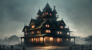 arafed house with a creepy roof and a creepy graveyard, spooky mansion, gothic mansion, haunted gothic hotel, background artwork, inspired by Andreas Rocha, ultra detailed haunted house, haunted house, eerie highly detailed, haunted house themed, victorian manor, victorian house, stefan koidl inspired, by Tomasz Jedruszek